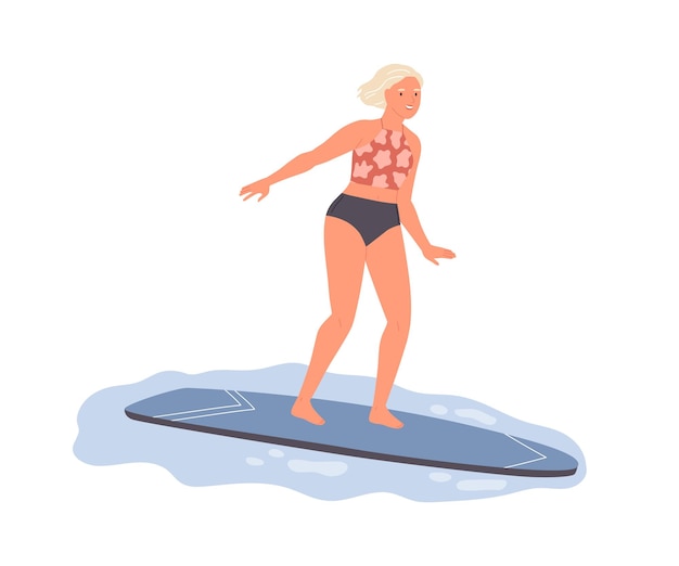 Vrouwelijke surfer rit op surfplank. Actieve vrouw in zwembroek die zich op surfplank bevindt en golf vangt. Sportvrouw in strandkleding die plezier heeft tijdens de zomervakantie. Platte vectorillustratie geïsoleerd op wit.