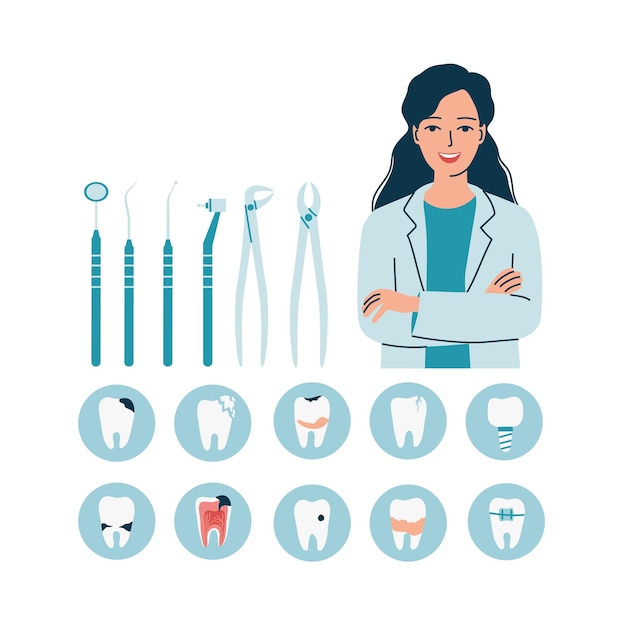 Vector vrouwelijke tandarts met een reeks pictogrammen van hulpmiddelen en gebitsproblemen.