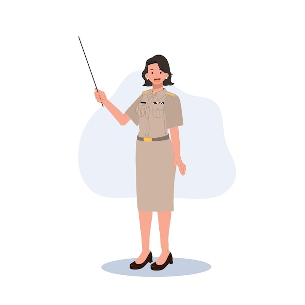 Vector vrouwelijke thaise overheidsfunctionarissen in uniform vrouw thaise leraar met aanwijzerstok die kennis uitlegt vector illustratie