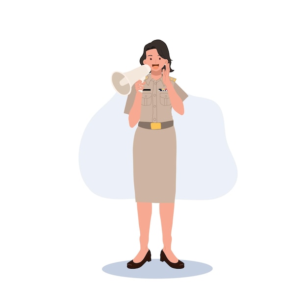 Vrouwelijke Thaise overheidsfunctionarissen in uniform Vrouw Thaise leraar met behulp van megafoon Vector illustratie