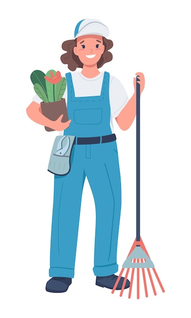 Vrouwelijke tuinman semi egale kleur vector teken staande figuur full body persoon op wit gendergelijkheid op de werkplek eenvoudige cartoon stijl illustratie voor web grafisch ontwerp en animatie