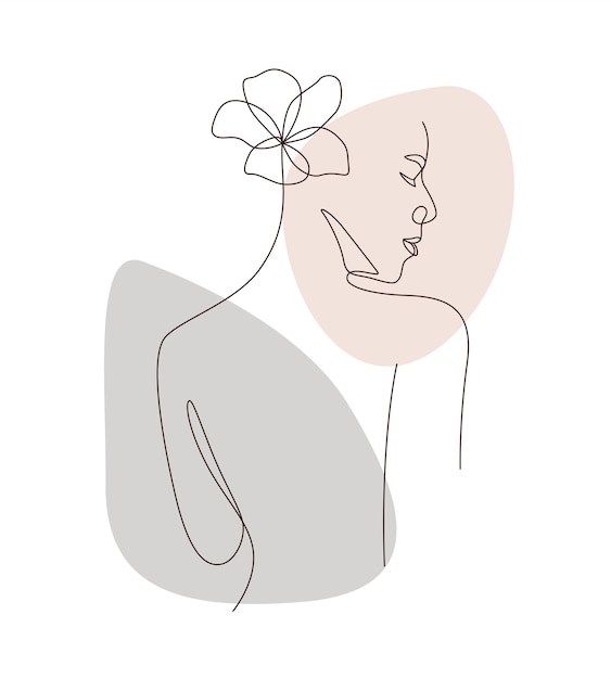 Vrouwelijke vrouw met bloemen met minimaal lijnkunstconcept a