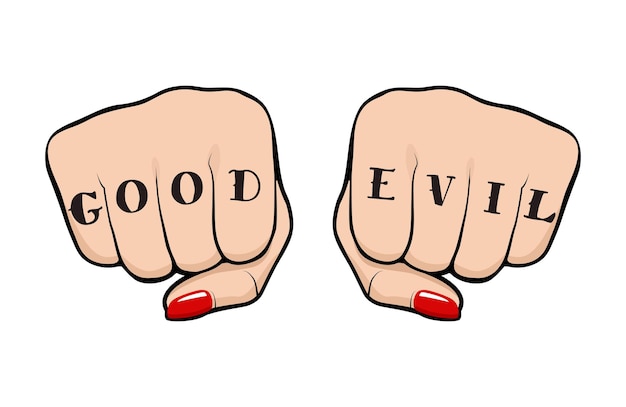 Vrouwelijke vuist met Good Evil-tatoeage op vingers, vooraanzicht van een vrouwenvuist met tatoeage en nagellak