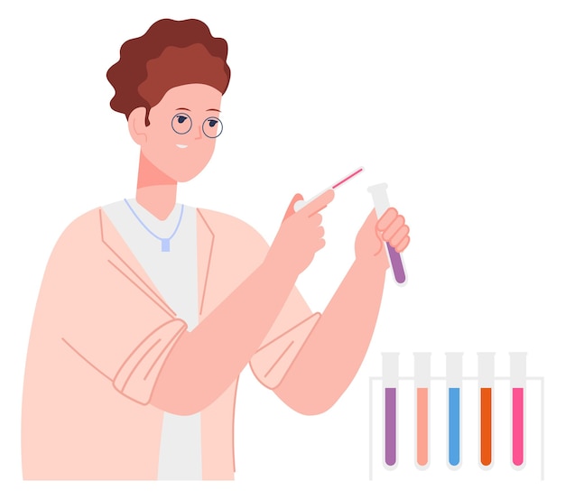 Vrouwelijke wetenschapper die chemische test maakt met laboratoriumglazen buizen