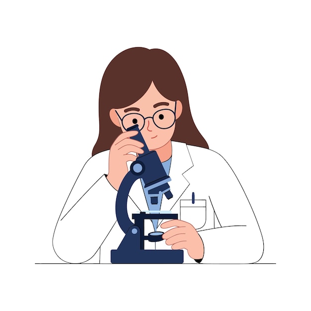 Vrouwelijke wetenschapper in een labjas die een dia onder een microscoop onderzoekt in een platte vectorillustratie