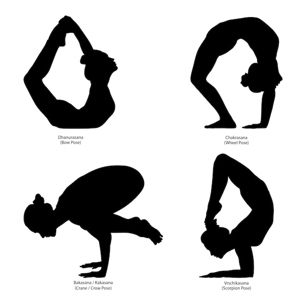 Vector vrouwelijke yogahoudingen silhouetten booghouding wielhouding kraanhouding schorpioenhouding lichaamsfitnessoefening