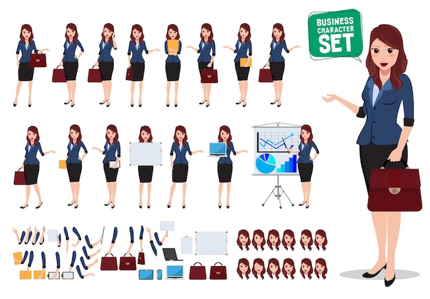 Vrouwelijke zakelijke tekenset vector Office vrouw praten en houden tas met verschillende houding