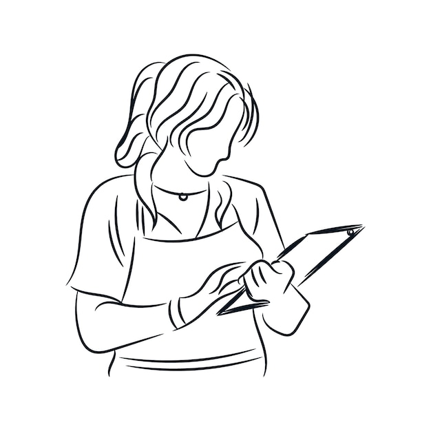 Vrouwelijke zakenvrouw die met een digitale tablet werkt Lijn met de hand getekende schets vectorillustratie