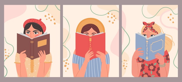 Vrouwen die boeken lezen. hand getekende mode poster met trendy mooie vrouw met boek. portretten van meisjes lezen en leren, vectorconcept. illustratie student lezer met poster gekleurd vintage