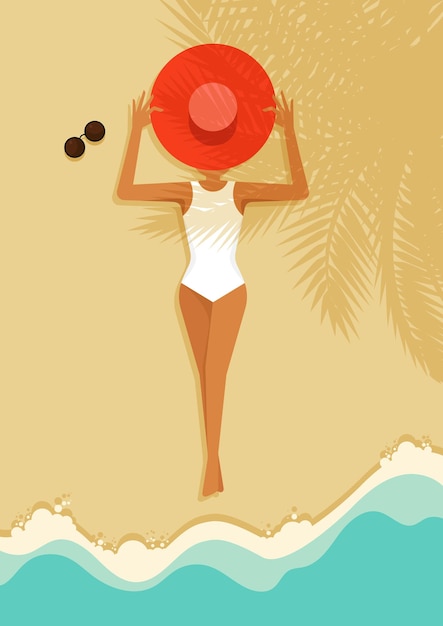 Vrouwen die in de zomer op het prachtige strand liggen met een rode hoed over haar gezichtsillustratie in vlakke stijl
