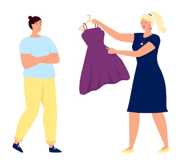 Vrouwen die kleding kiezen. mensen kopen kleding in trendy moderne stijl. vector illustratie