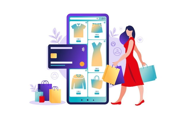 Vrouwen die online op mobiele telefoon winkelen. mobiele app-sjablonen, illustratie. retail plat ontwerp. betaling in de online winkel. bank creditcards. smartphone-portefeuilles, digitale betaaltechnologie. e-betalen.