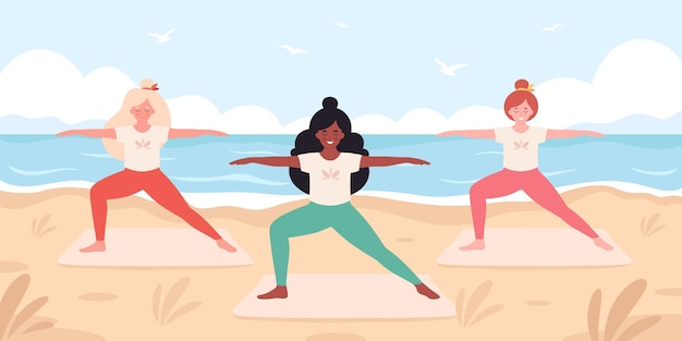 Vrouwen die yoga doen op het strand hallo zomer zomer vrije tijd vakantie gezonde levensstijl