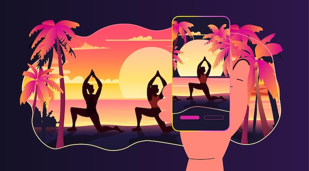 Vrouwen doen yoga-oefeningen op tropisch strand zonsondergang zeegezicht achtergrond zomer vakantie tijd om te reizen concept