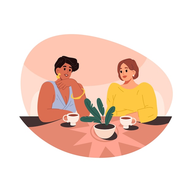Vrouwen drinken koffie in een café ontmoet vector vrouw in een zakelijke ontmoet genieten van thee chat dame vriendschap en