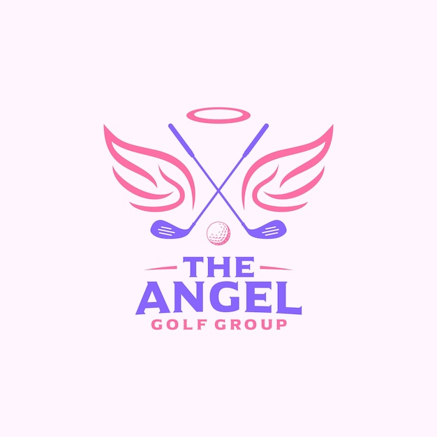 Vrouwen golfclub logo vector ontwerpsjabloon, met golfstick en engel vleugel element