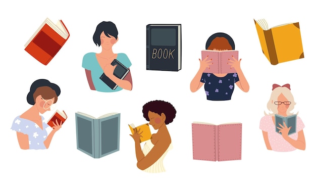 Vector vrouwen houden een boek in hun handen en lezen conceptillustratie