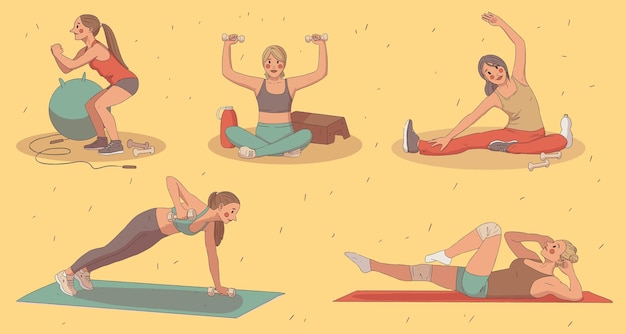 Vrouwen houden zich bezig met fitness Set van vectorillustraties rond het thema fitness en sport