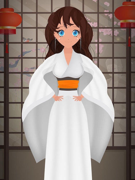 Vrouwen in een lange witte zijden kimono zomer kimono zijde huiskleding bruidsmeisje bruiloft gewaden natuurlijke gewaad Cartoon stijl Vector