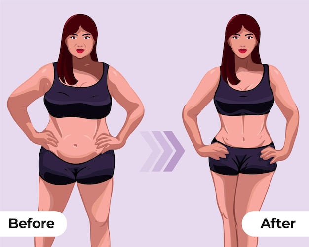 Vrouwen lichamelijke veranderingen voor en na fitness show vector illustraties