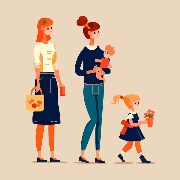 Vrouwen lopen met kleine kinderen liefdevolle familie ouderschap kinderopvang concept moederdag kaartsjabloon