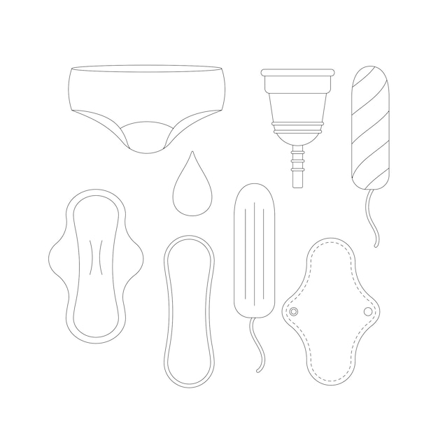 Vrouwen maandverband hygiënische tampon herbruikbare pad menstruatie cup onderbroek en drop icon set geïsoleerd op wit. platte ontwerp lijn kunststijl bewerkbare lijn vector illustratie intieme producten.