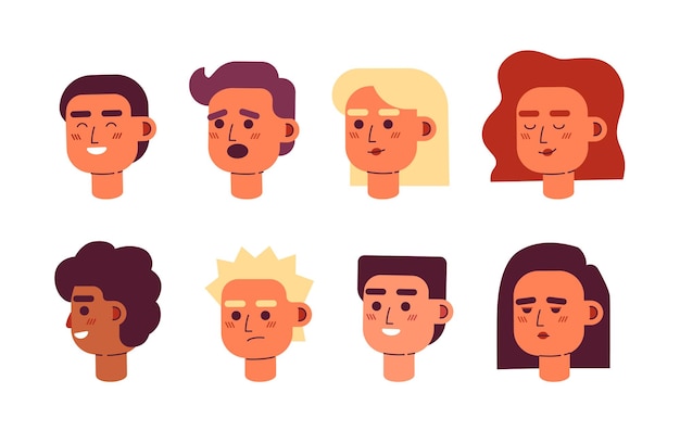 Vrouwen mannen emotionele variaties semi egale kleur vector karakter hoofden bundel