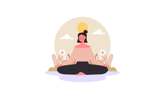 Vrouwen mediteren in yoga lotus houding in natuur concept illustratie