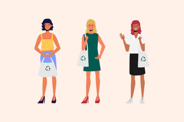 Vector vrouwen mensen dragen stoffen tas voor een veilige omgeving en wereld. geen plastic zakconcept.