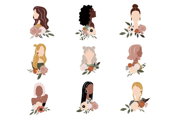 Vrouwen met bloemen iconen in het cartoon ontwerp Afbeelding van silhouetten van vrouwen met verschillende huid