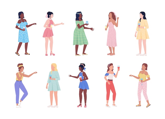 Vrouwen met drankjes semi-egale kleur vector tekens set