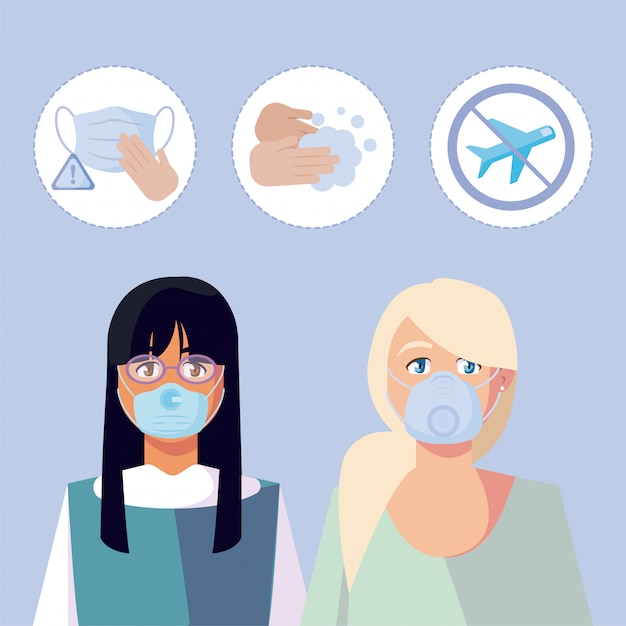 Vrouwen met medische maskers en icon set