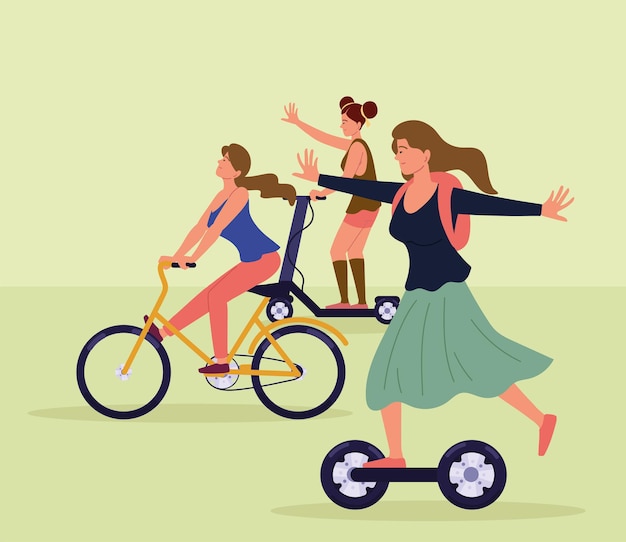 Vector vrouwen met scooter en fiets