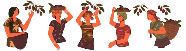 Vrouwen oogsten koffiebonen met de hand getekende platte vectorillustratie geïsoleerd op wit