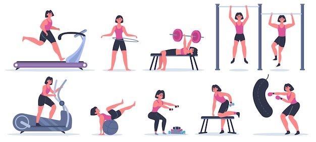 Vrouwen op de sportschool. vrouwelijke sport fitness karakter, training meisje rennen, optrekken en hurken, trainingsoefening bij sport gym illustratie set. vrouw training, atletische vrouw met halter