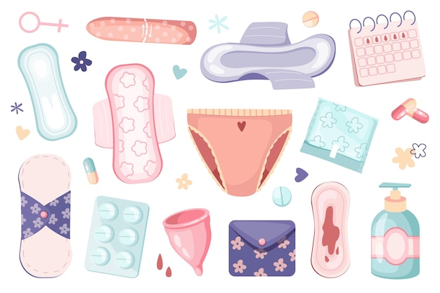 Vector vrouwen periode set grafische elementen in plat ontwerp bundel van tampons en maandverband kalender anticonceptiepillen intieme gel menstruatiecup vrouwelijke panty en andere vector illustratie geïsoleerde objecten