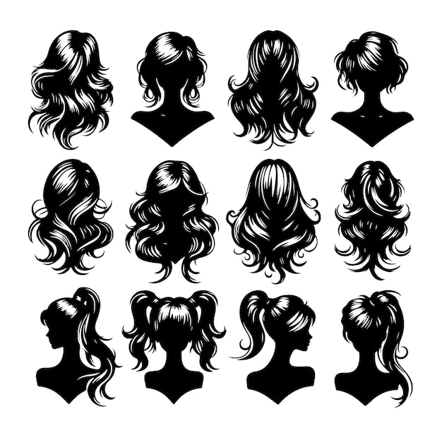 vrouwen pruiken kapsel rug iconen set silhouet vector illustratie