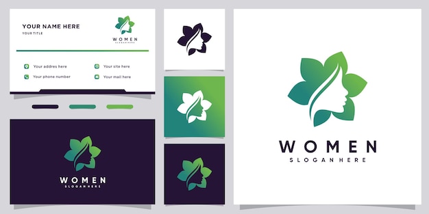 Vrouwen schoonheid logo-ontwerp met bladelement en visitekaartjesjabloon Premium Vector