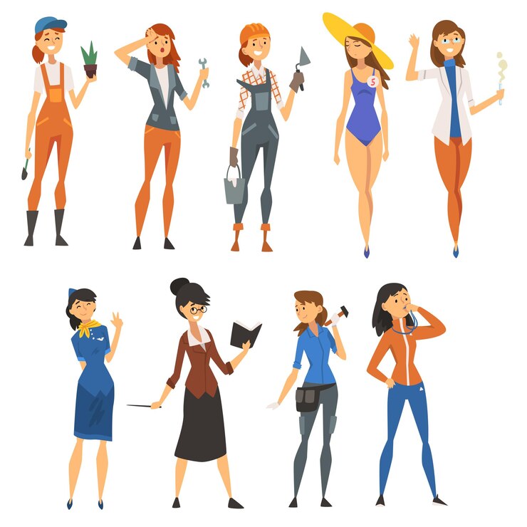 Vector vrouwen van verschillende beroepen set gardner bouwvakker model stewardess coach leraar vectorillustratie op witte achtergrond