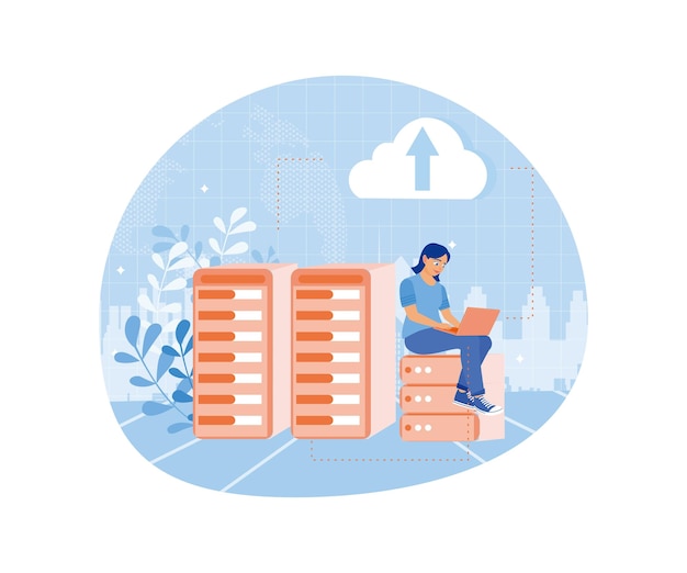 Vrouwen werken met behulp van een laptop het opslaan van gegevens op een computer verbonden met de server kon Computing concept Flat vector illustratie