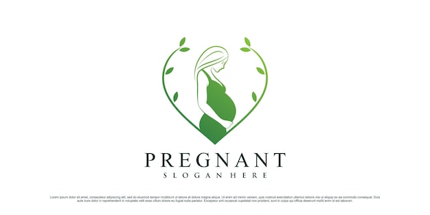 Vrouwen zwanger logo ontwerpsjabloon met hartvormig en blad element concept