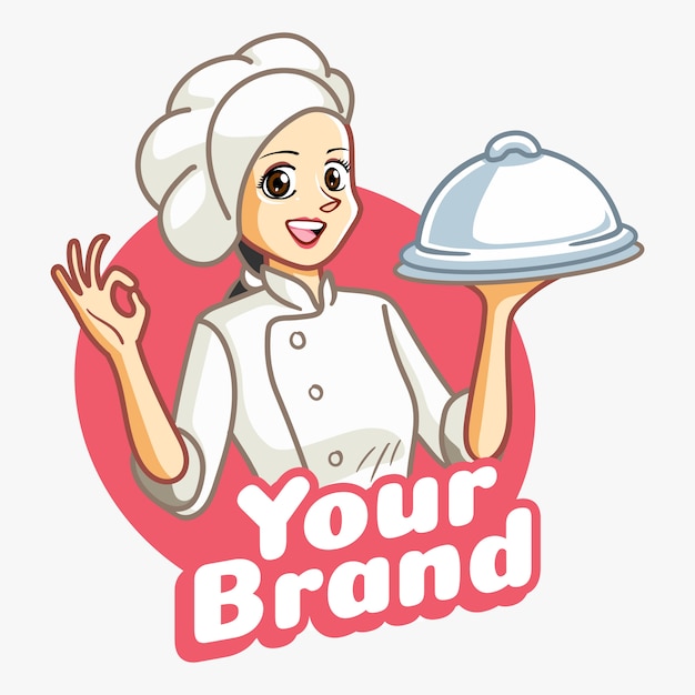 Vrouwenchef-kok met witte kleren en dien voedselhulpmiddel op haar hand.