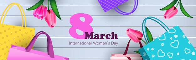 Vrouwendag 8 maart vakantie feest verkoop banner flyer of wenskaart met bloemen en boodschappentassen horizontale illustratie