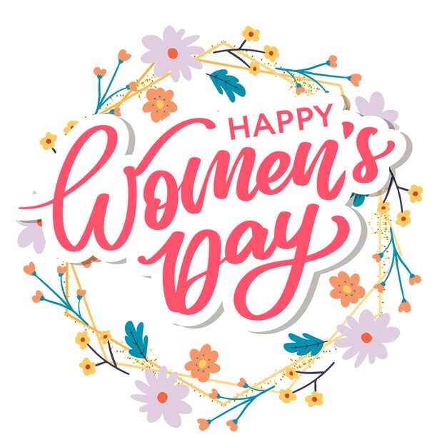 Vrouwendag hand getrokken belettering rode tekst geïsoleerd op wit voor briefkaart poster banner ontwerpelement happy women's day script kalligrafie klaar vakantie belettering ontwerp