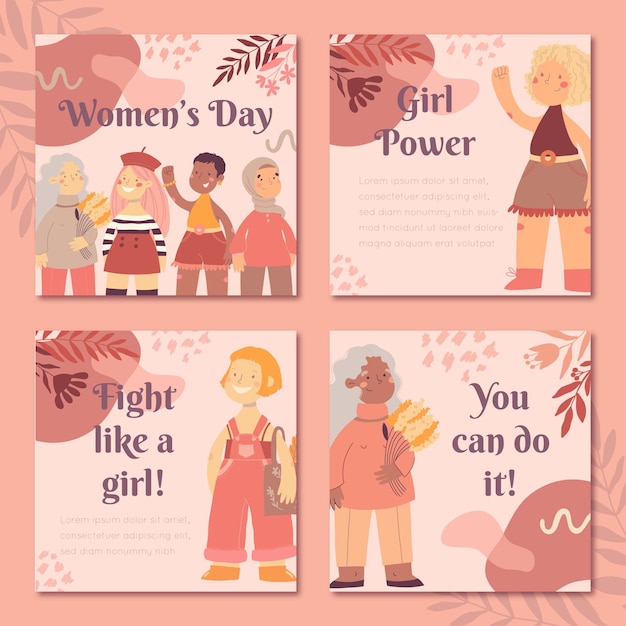 Vrouwendag Instagram post set met meisjes en bloemen op abstracte achtergrond