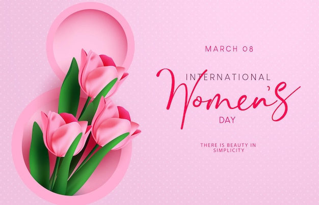 Vrouwendag internationaal vectorontwerp als achtergrond. Gelukkige vrouwendagtekst met bloeiende verse tulp