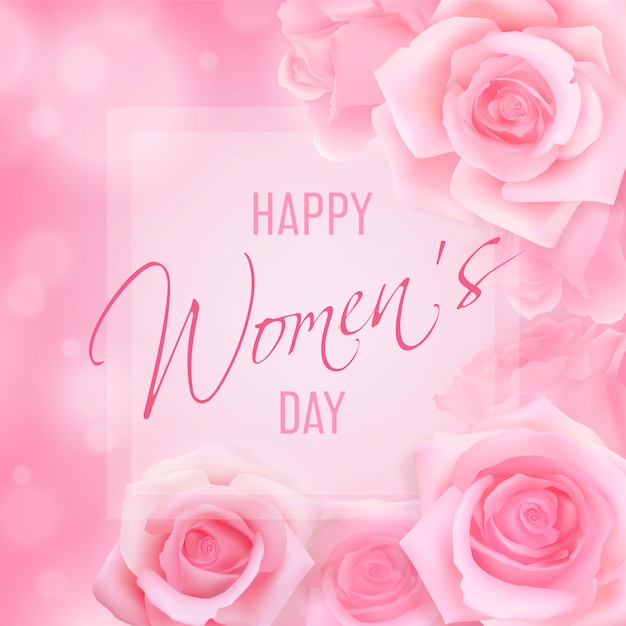 Vrouwendag kaart met roze rozen bovenaanzicht op een roze achtergrond