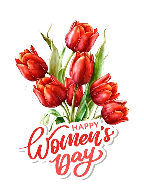 Vrouwendag wenskaart aquarel rood roze tulp illustratie vrouwendag wenskaart