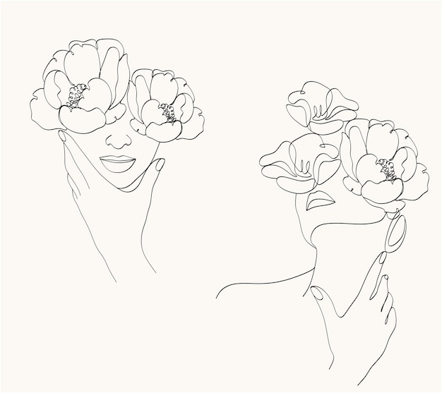 Vrouwengezicht met bloemen Lijnkunst Lijnvormig vrouwelijk gezicht logo