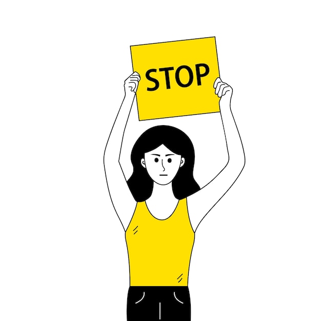 Vrouwenprotest met stopbanner in krabbelstijl Sociale politieke demonstratie mensenrechtenprotest